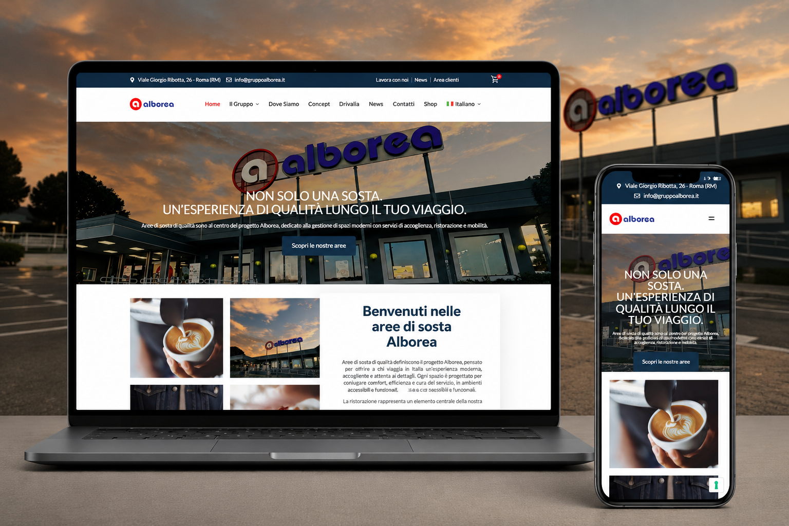 Mockup responsive del sito Alborea su desktop e mobile