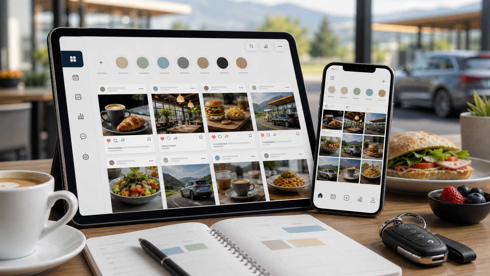 Mockup social media Alborea con contenuti food, servizi e mobilita