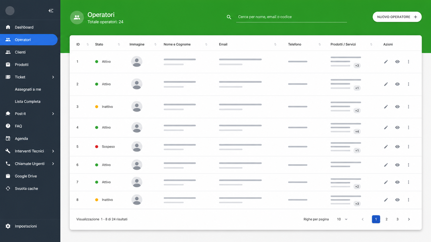 Mockup gestione operatori e clienti con ruoli, stati e permessi